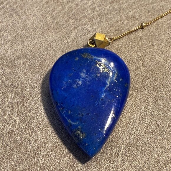 Gold tone Lariat Necklace set with huge genuine lapis lazuli pendant 17" + 4" - Picture 6 of 7